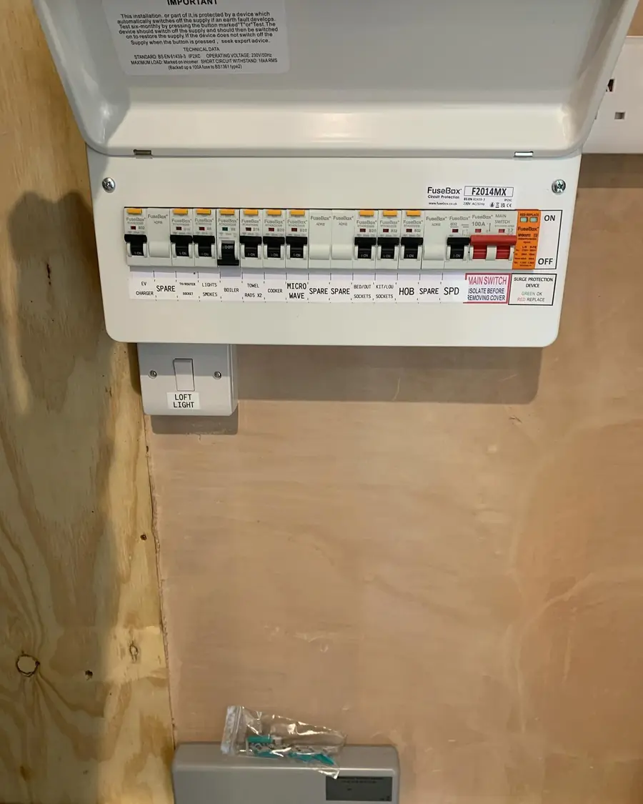 New consumer unit with labelled RCBO circuits and surge protection