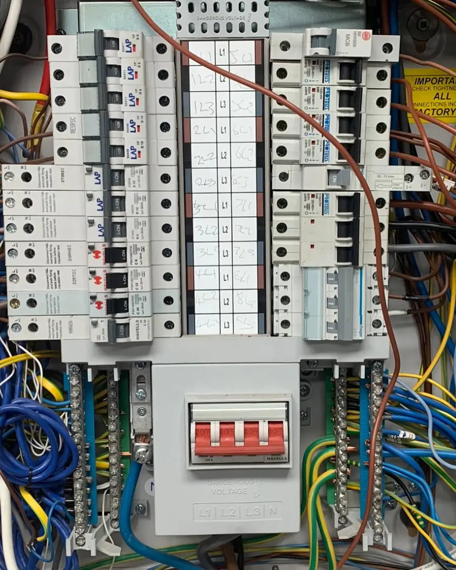 Three phase industrial distribution board with labelled circuits